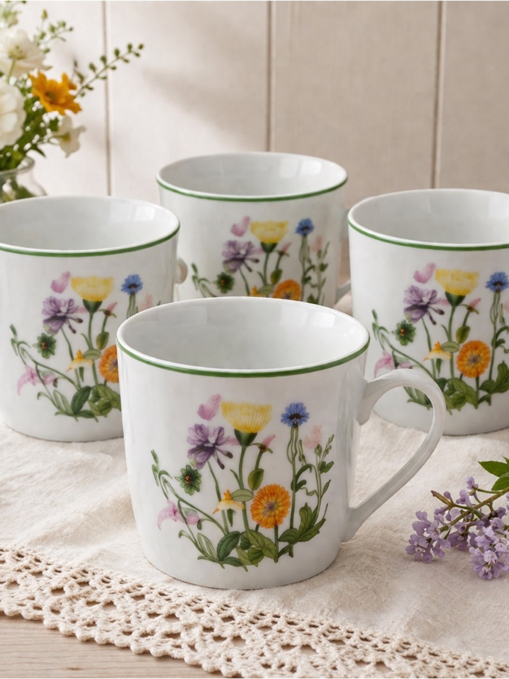 Porcelain White Floral Mug - Wildflower Pattern